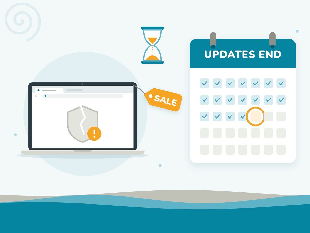A Chromebook on sale next to a calendar marked Updates End, showing that security updates stop on a set date