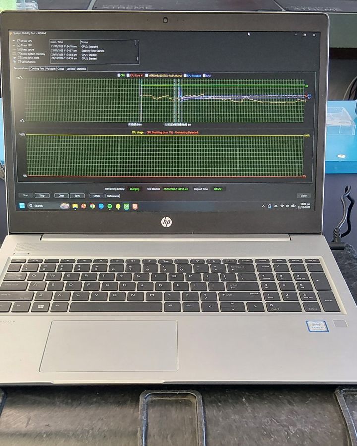 HP laptop running a CPU stress test on our repair bench – laptop repair Christchurch